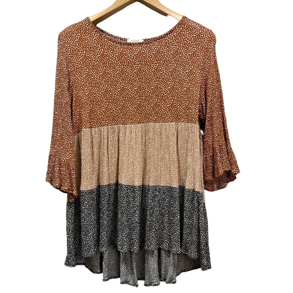 ODDI Women's Rayon Color Blocked Tunic Hi Lo Ribbed Flowy Boho 3/4 Sleeves M